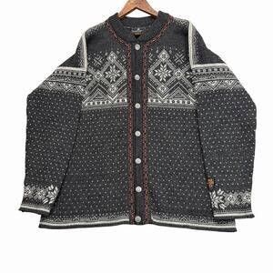 Vtg Dale of Norway Wool Cardigan Sweater Sz XL Gray White Nordic Knit 90s